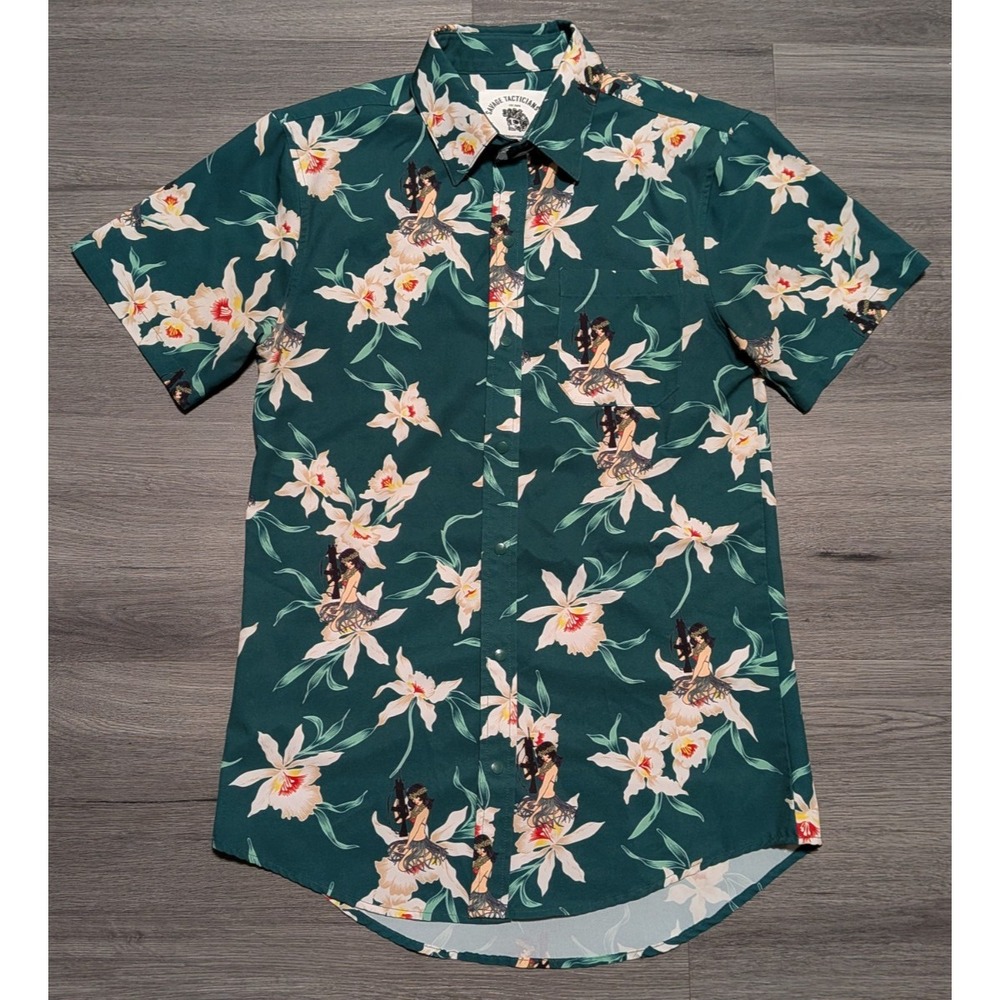 Savage Tacticians Men's Green Hula Girls Guns Floral Hawaiian Shirt Size Small‎